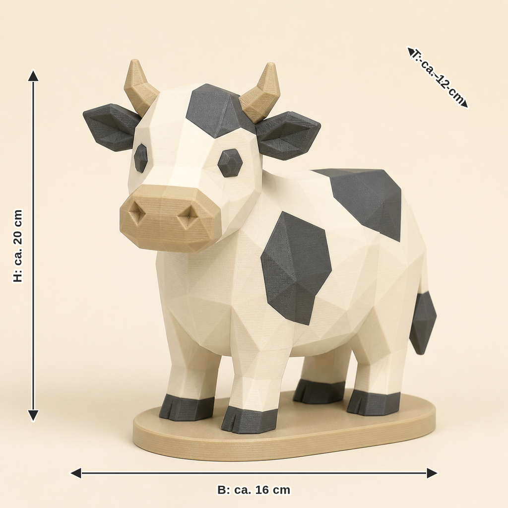 Maßbild für Kuh-Low-Poly-Skulptur Facettenfigur: Breite ca. 16 cm, Tiefe ca. 12 cm, Höhe ca. 20 cm