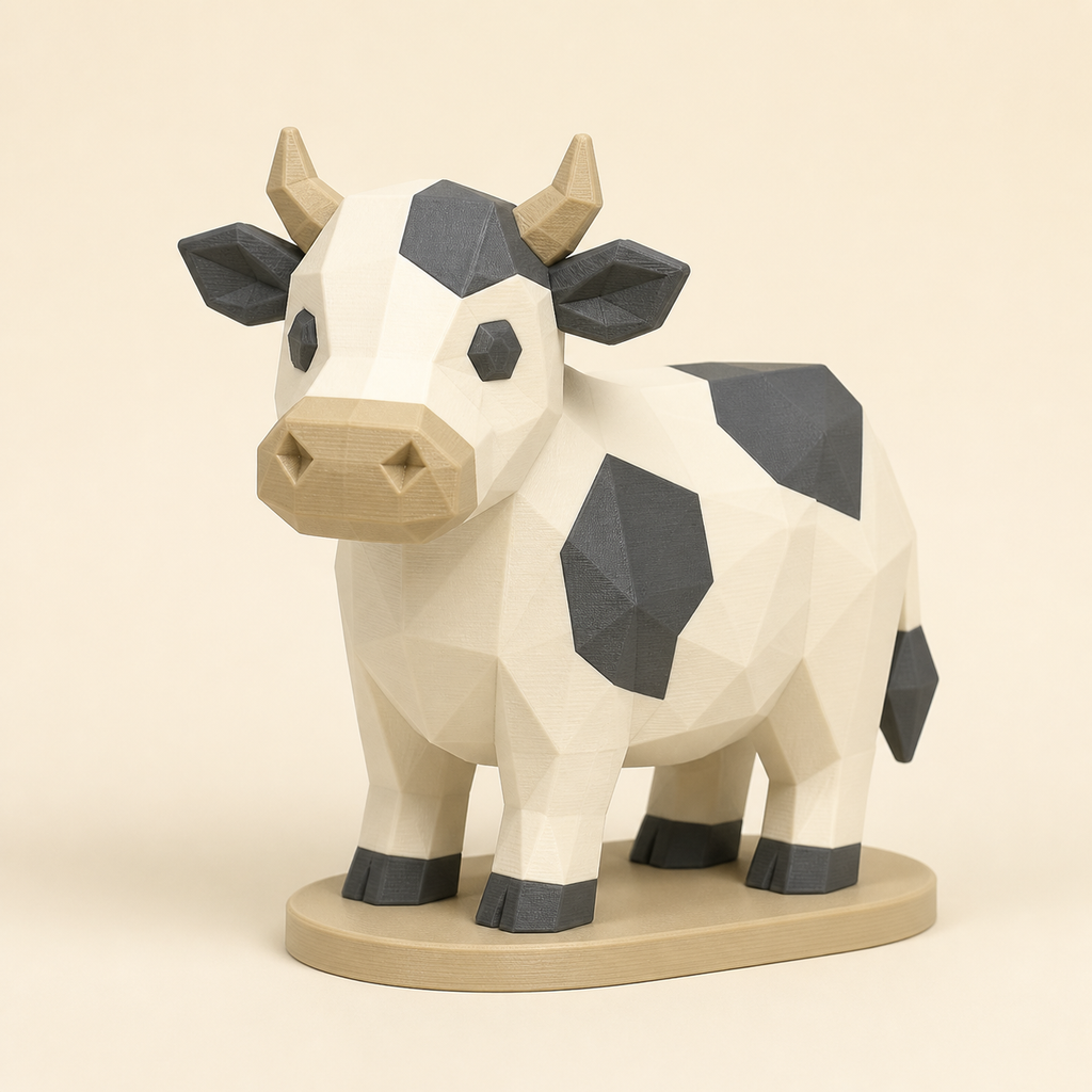 Kuh-Low-Poly-Skulptur Facettenfigur aus 3D-gedrucktem PETG in Knochenweiß, Anthrazit, Sandbeige