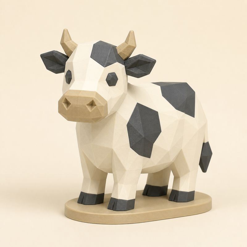 Kuh-Low-Poly-Skulptur Facettenfigur aus 3D-gedrucktem PETG in Knochenweiß, Anthrazit, Sandbeige