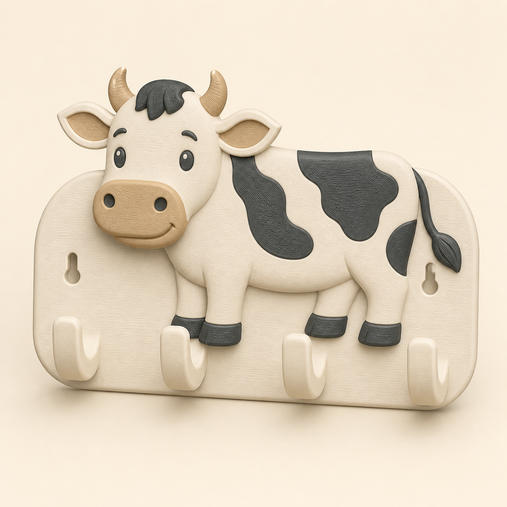 Kuh-Schlüsselbrett Tierhaken aus 3D-gedrucktem PETG in Knochenweiß, Anthrazit, Sandbeige