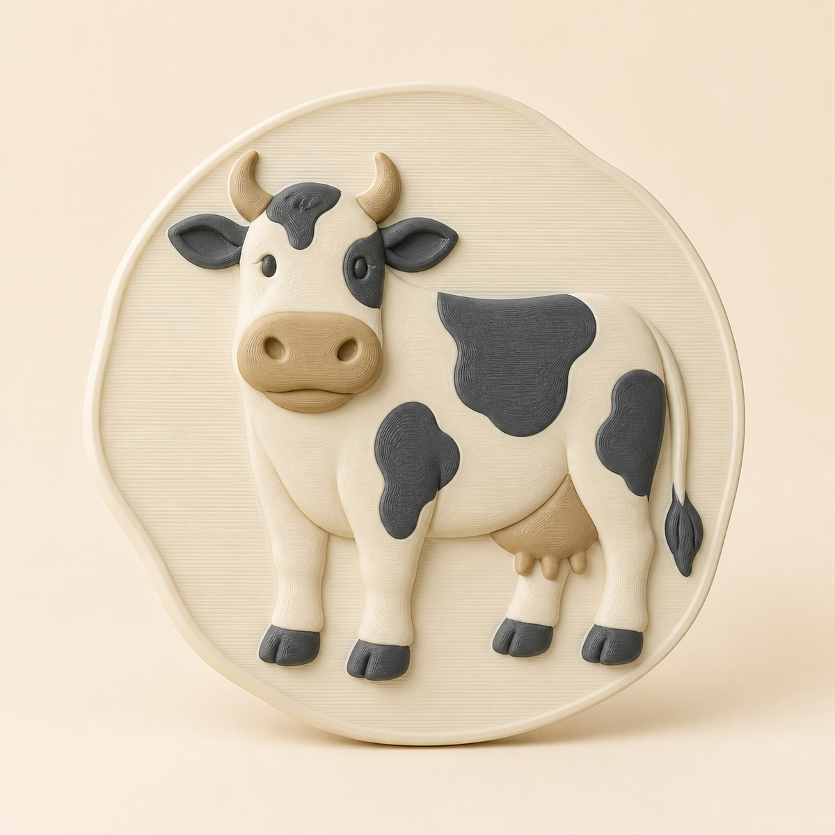Kuh-Wandrelief Tierporträt aus 3D-gedrucktem PETG in Knochenweiß, Anthrazit, Sandbeige