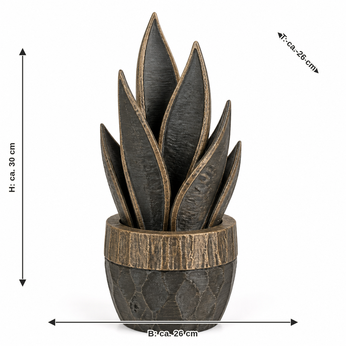 Measurement for artificial leaf plant in a pot in rustic wood appearance: width approx. 26 cm, depth approx. 26 cm, height approx. 30 cm