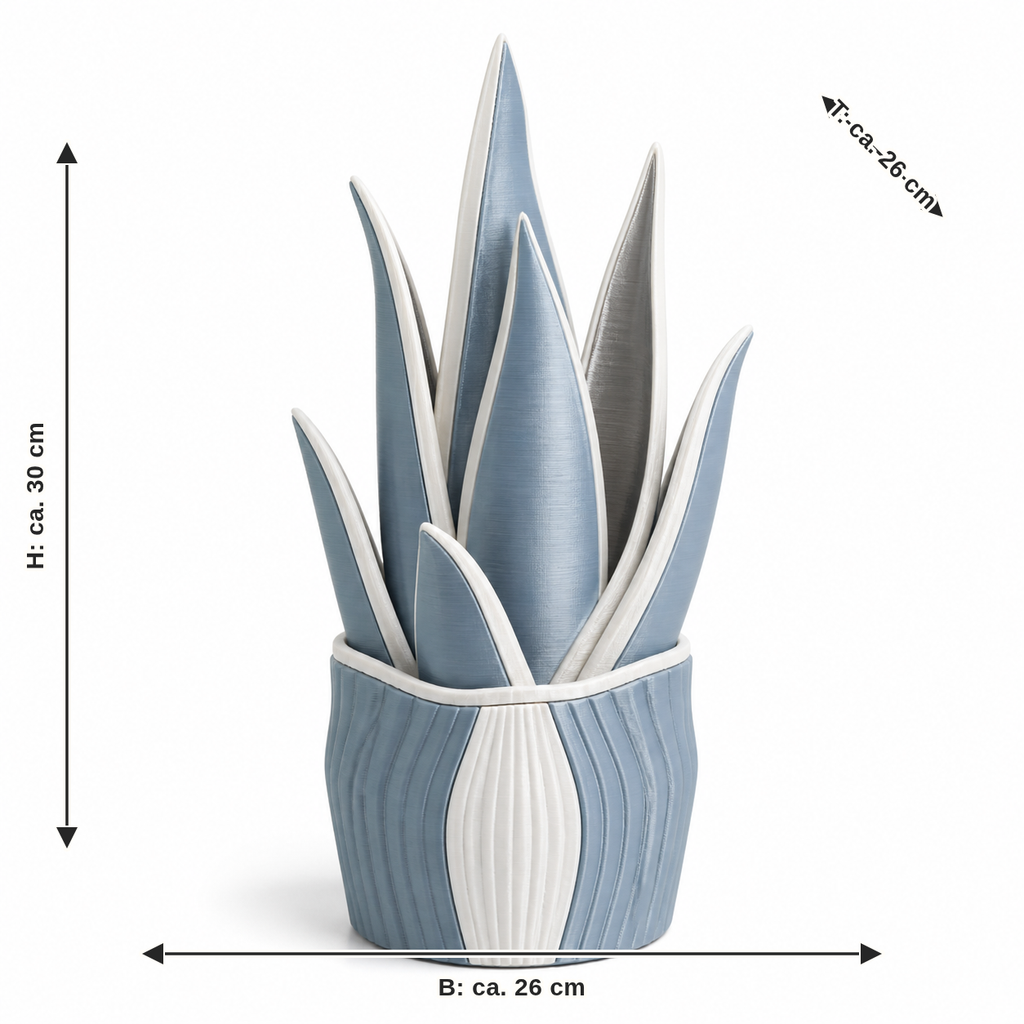 Maßbild für Künstliche Blattpflanze in Himmelblau und Weiß: Breite ca. 26 cm, Tiefe ca. 26 cm, Höhe ca. 30 cm