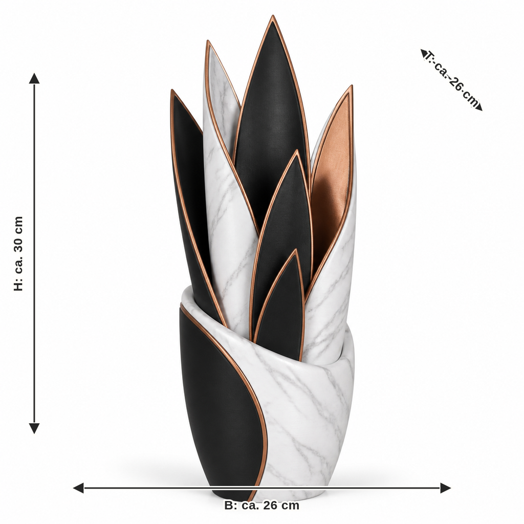 Maßbild für Künstliche Blattpflanze in Marmoroptik und Kupfer: Breite ca. 26 cm, Tiefe ca. 26 cm, Höhe ca. 30 cm