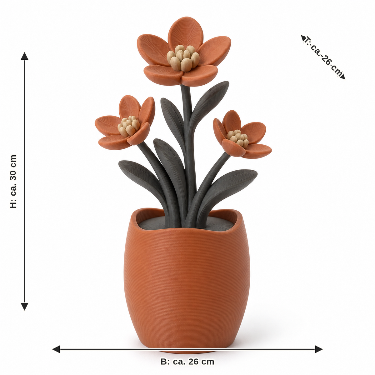 Measurement for artificial flower plant in terracotta: width approx. 26 cm, depth approx. 26 cm, height approx. 30 cm