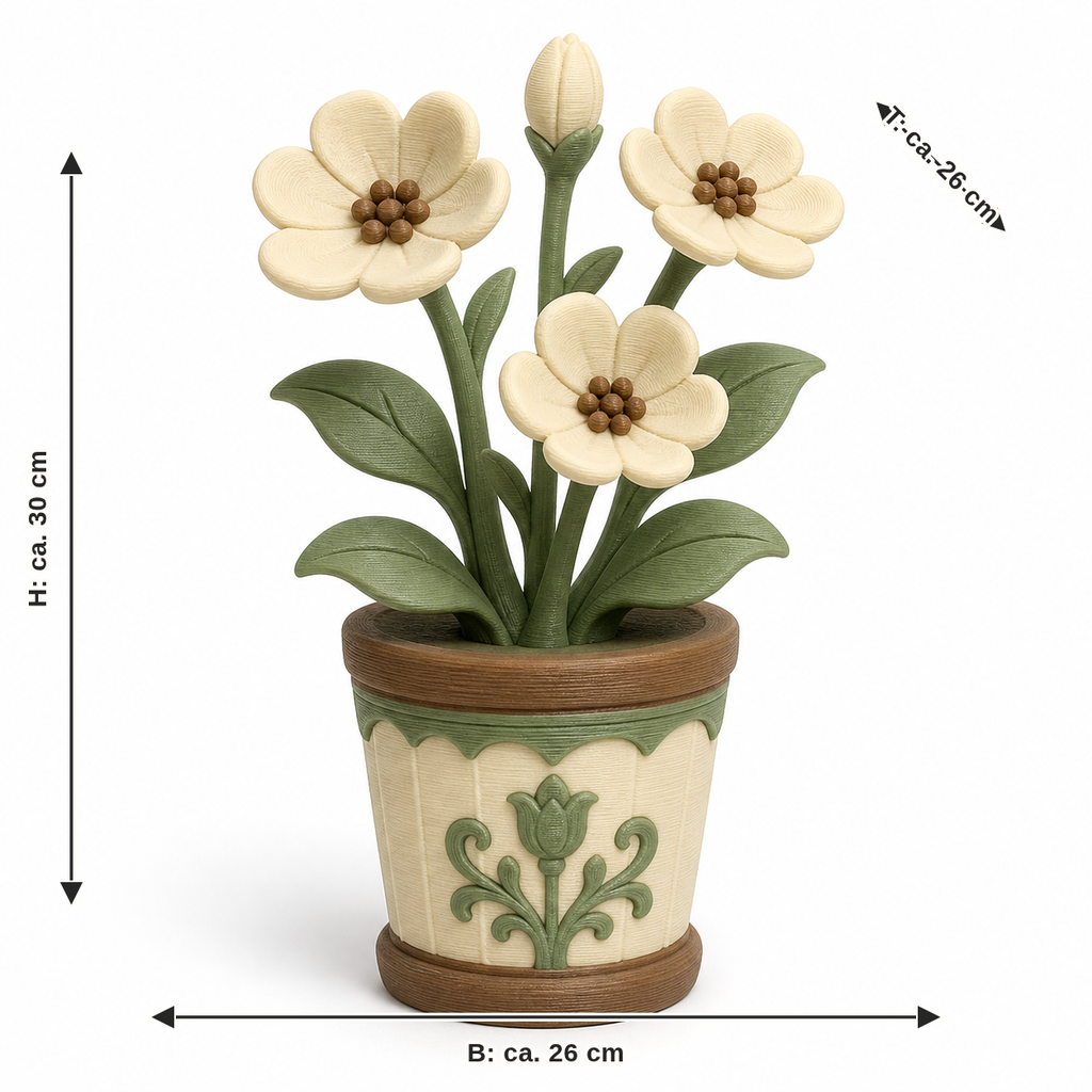 Dimensional image for artificial flower plant with cream white flowers: width approx. 26 cm, depth approx. 26 cm, height approx. 30 cm
