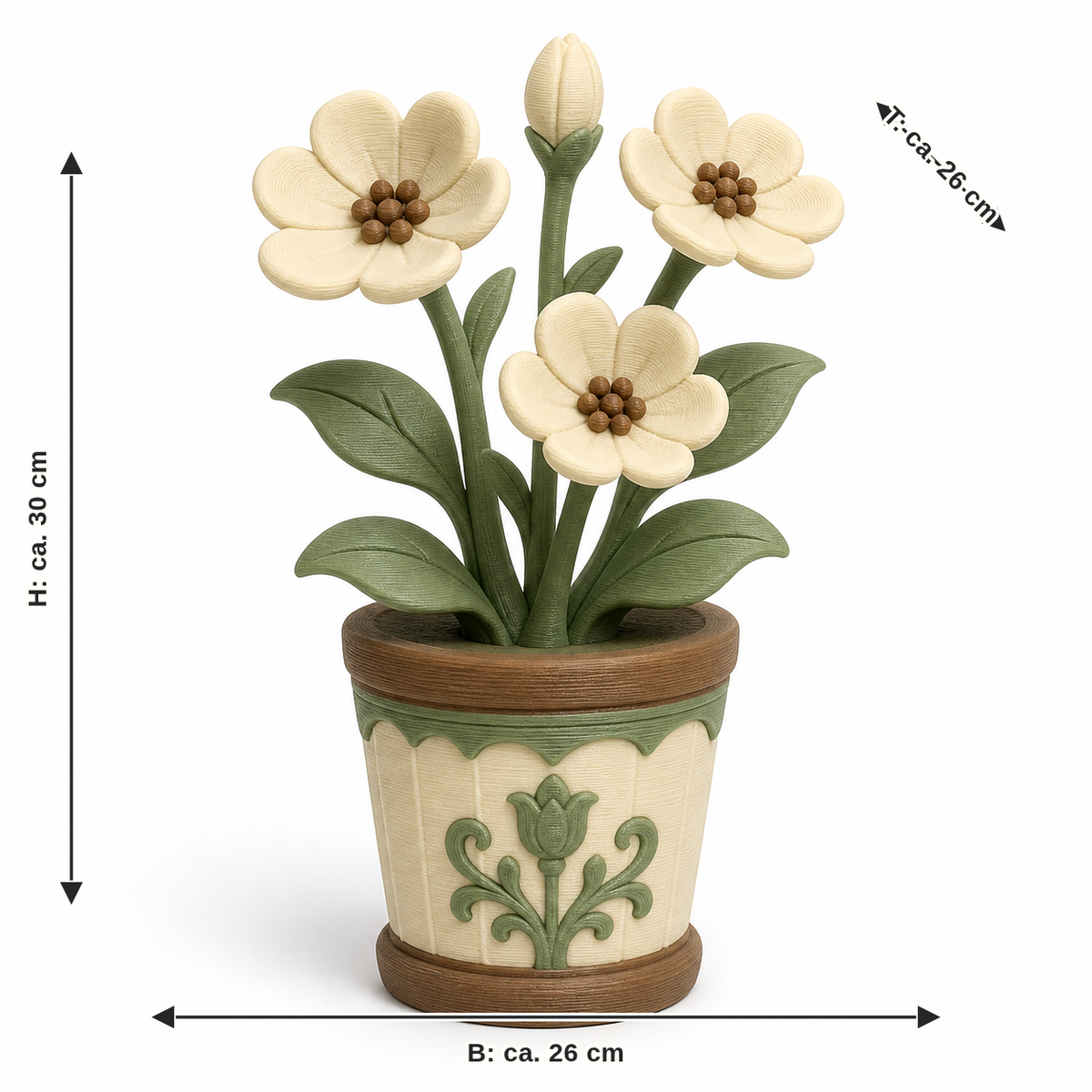 Dimensional image for artificial flower plant with cream white flowers: width approx. 26 cm, depth approx. 26 cm, height approx. 30 cm