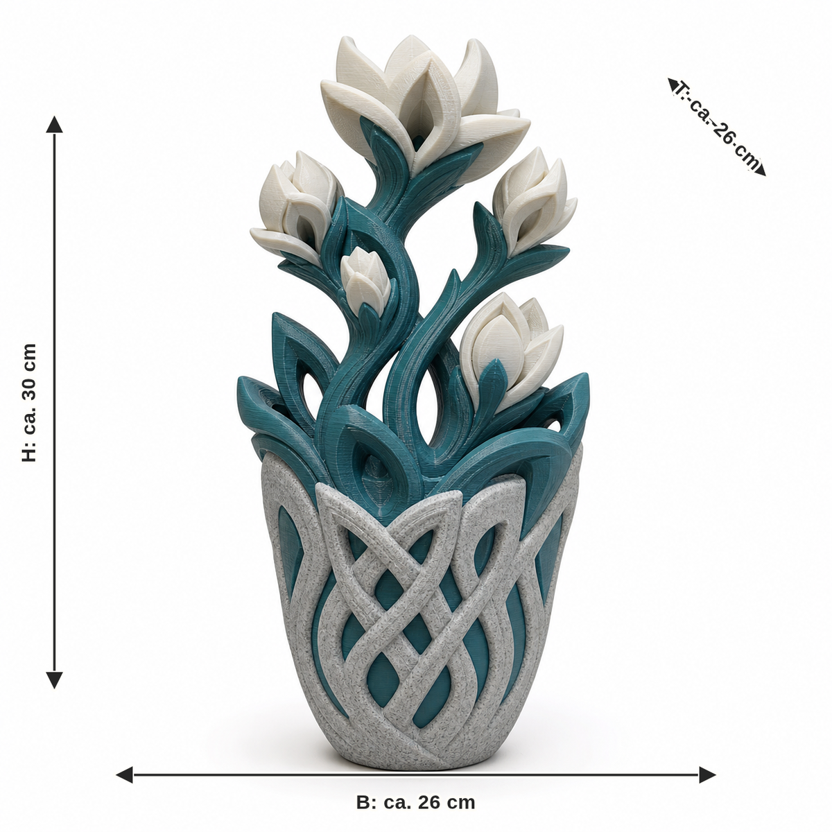 Dimensional image for artificial flower plant with rune stems: width about 26 cm, depth about 26 cm, height about 30 cm