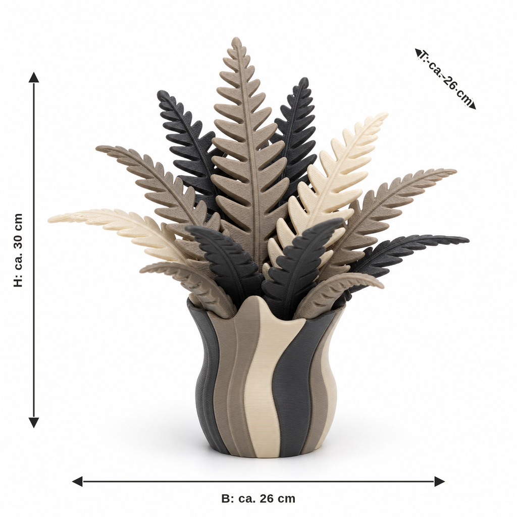 Measurement for artificial fern plant in anthracite and taupe: width approx. 26 cm, depth approx. 26 cm, height approx. 30 cm