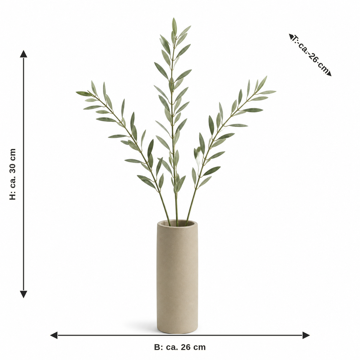 Measurement for artificial olive branches in sand vase: width approx. 26 cm, depth approx. 26 cm, height approx. 30 cm