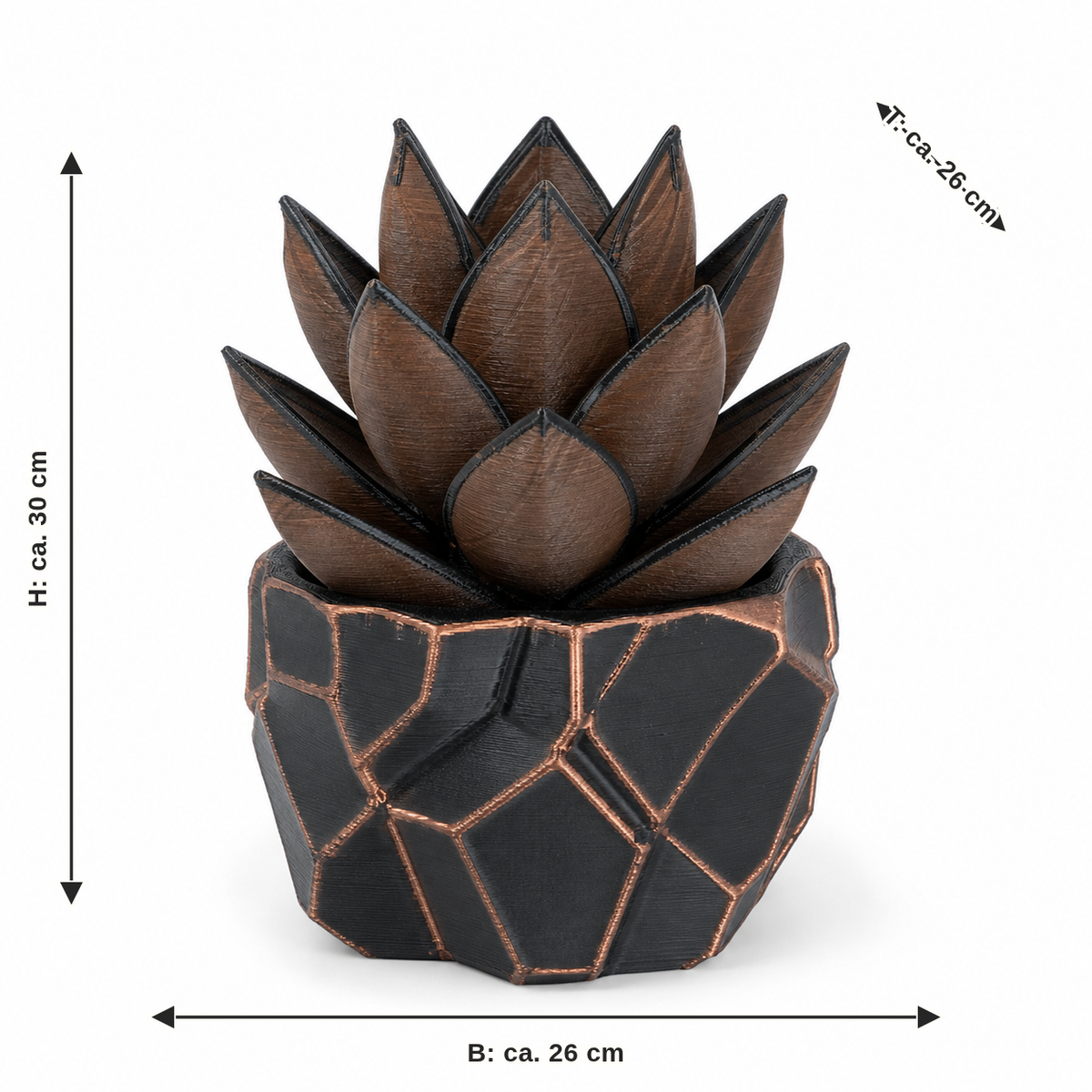 Dimensional image for artificial succulents in rock pot: width approx. 26 cm, depth approx. 26 cm, height approx. 30 cm