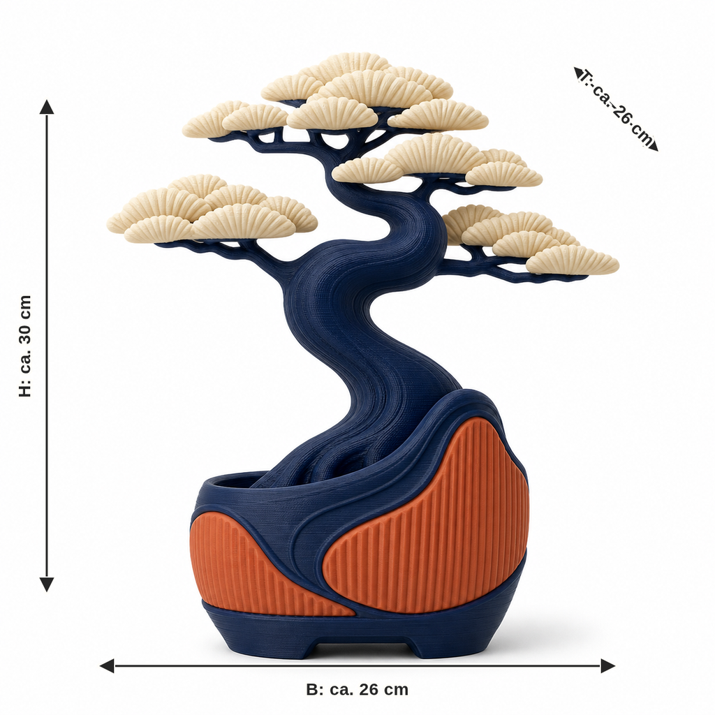 Maßbild für Künstlicher Bonsai in Navy und Terrakotta: Breite ca. 26 cm, Tiefe ca. 26 cm, Höhe ca. 30 cm