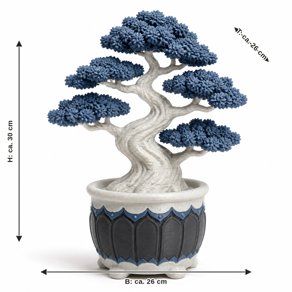 Maßbild für Künstlicher Bonsai mit blauen Baumkronen: Breite ca. 26 cm, Tiefe ca. 26 cm, Höhe ca. 30 cm