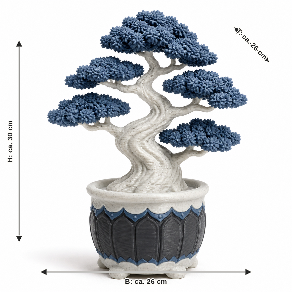 Dimensional image for artificial bonsai with blue tree crowns: width approx. 26 cm, depth approx. 26 cm, height approx. 30 cm