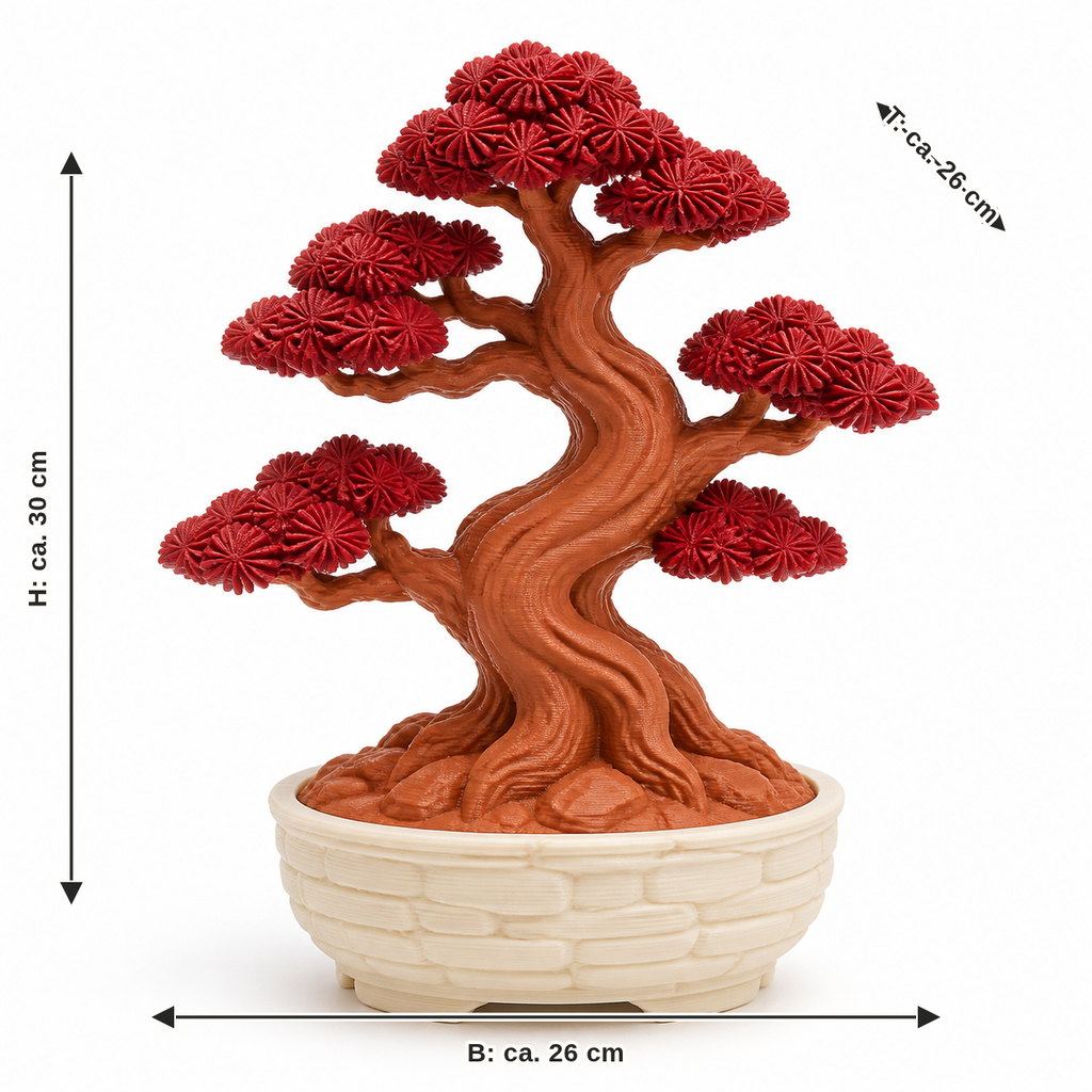 Maßbild für Künstlicher Bonsai mit roter Baumkrone: Breite ca. 26 cm, Tiefe ca. 26 cm, Höhe ca. 30 cm