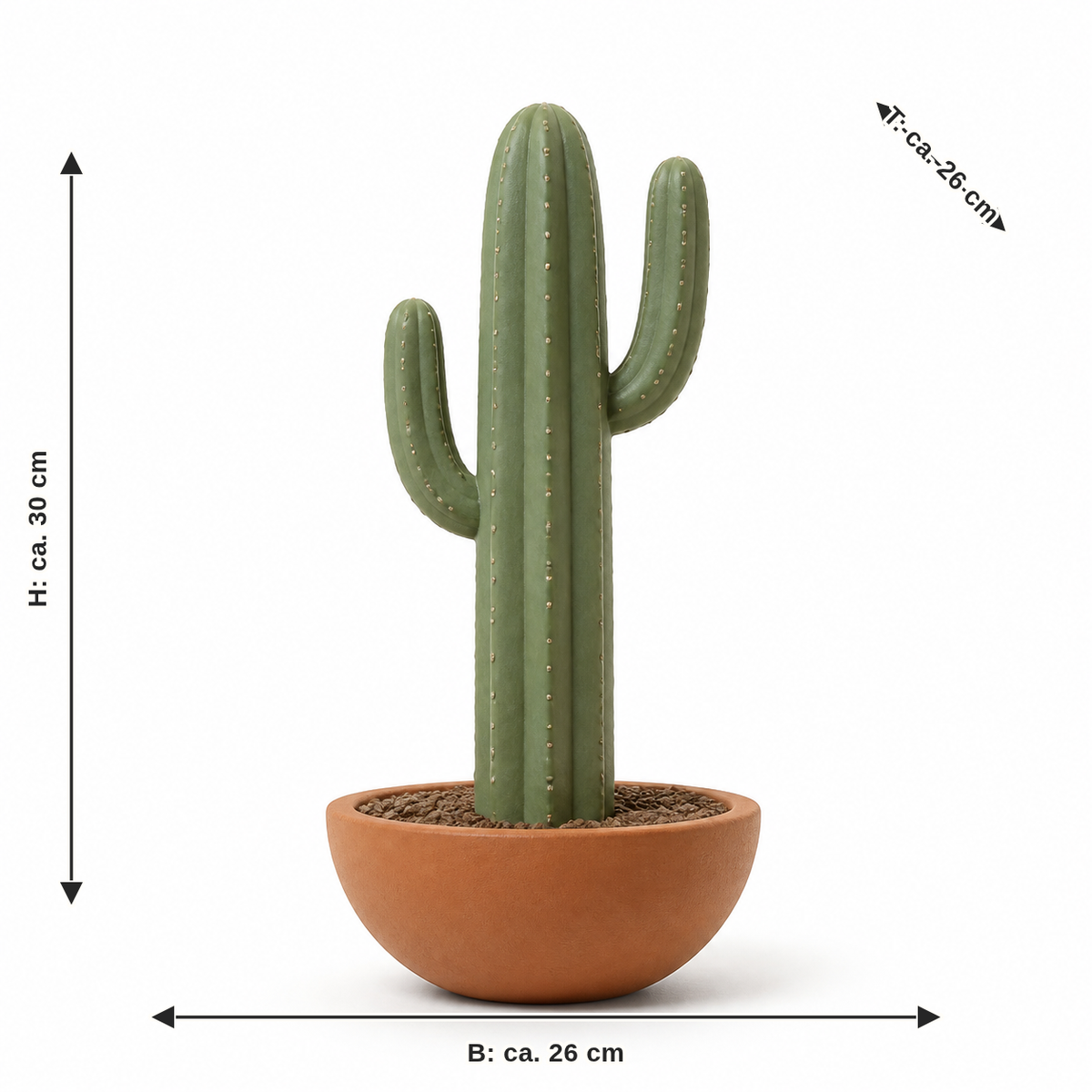 Measurement for artificial cactus in the terracotta vessel: width approx. 26 cm, depth approx. 26 cm, height approx. 30 cm