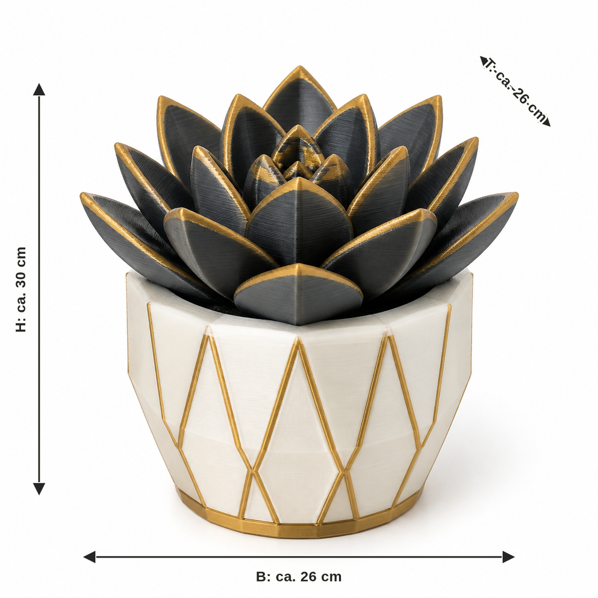 Dimensional image for art succulent gold rosette: width approx 26 cm, depth approx 26 cm, height approx 30 cm