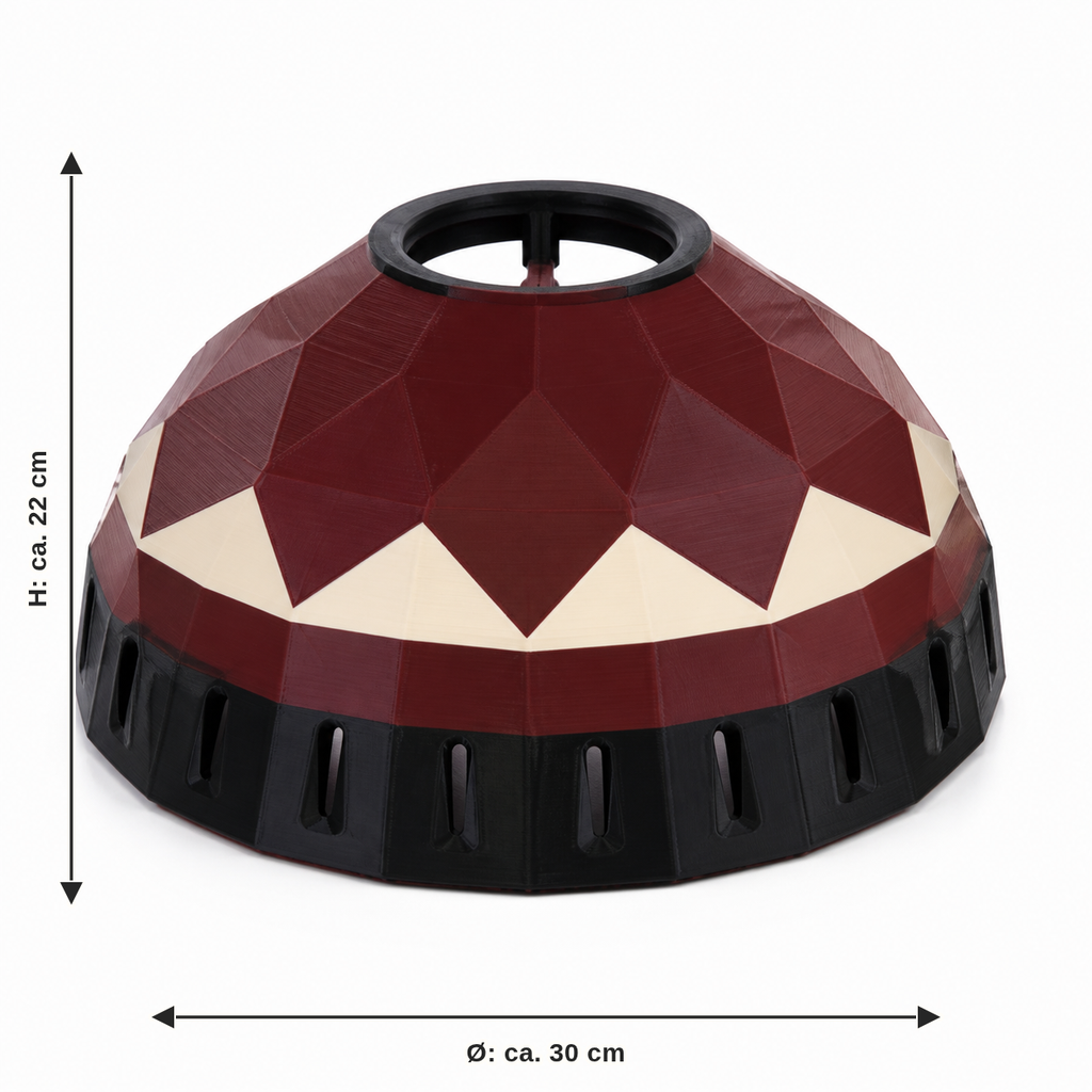 Dimensional image for dome-shaped lampshade in Bordeaux and black: diameter approx. 30 cm, height approx. 22 cm