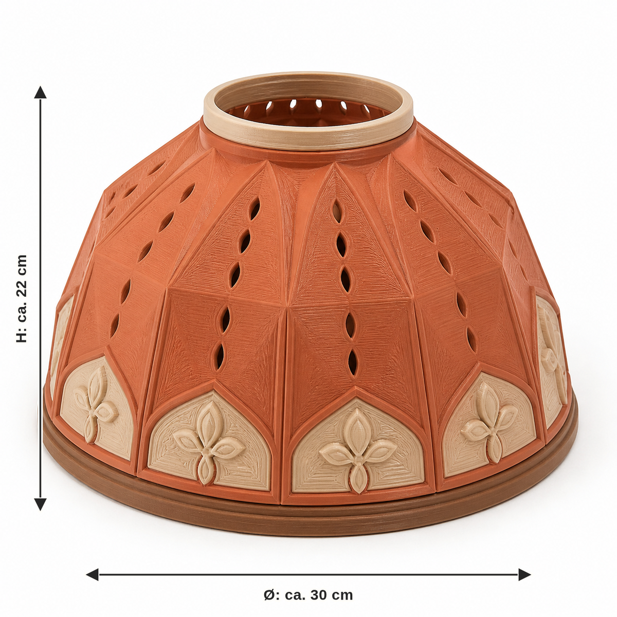 Dimensional image for dome-shaped lampshade with flower fields: diameter approx. 30 cm, height approx. 22 cm