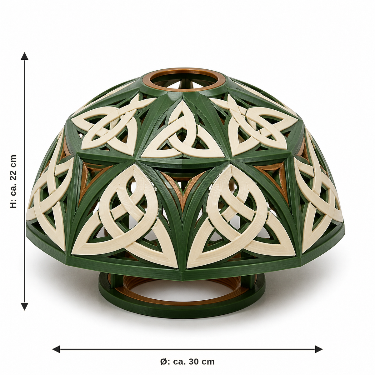 Dimensional image for dome-shaped lampshade with Triquetra fields: diameter approx. 30 cm, height approx. 22 cm