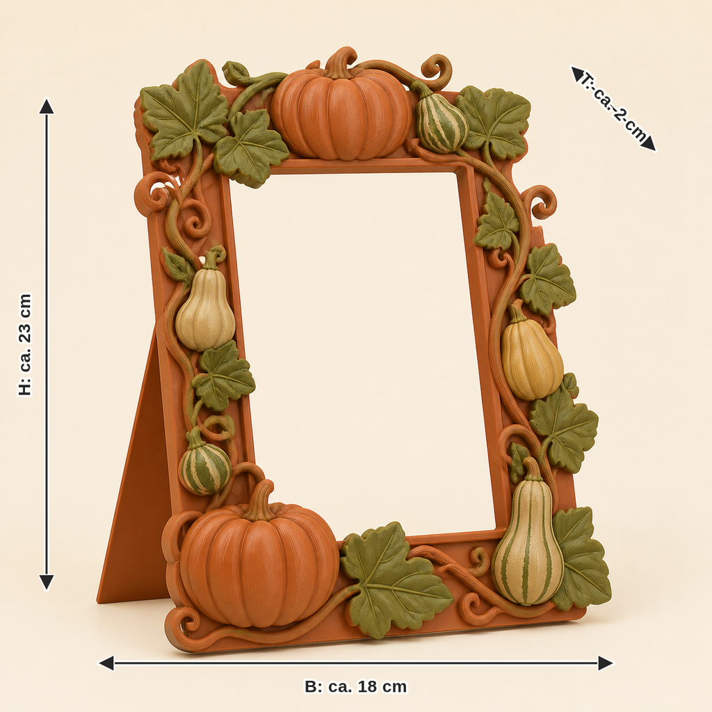 Dimensional image for pumpkin photo frame field frame: width approx. 18 cm, depth approx. 2 cm, height approx. 23 cm