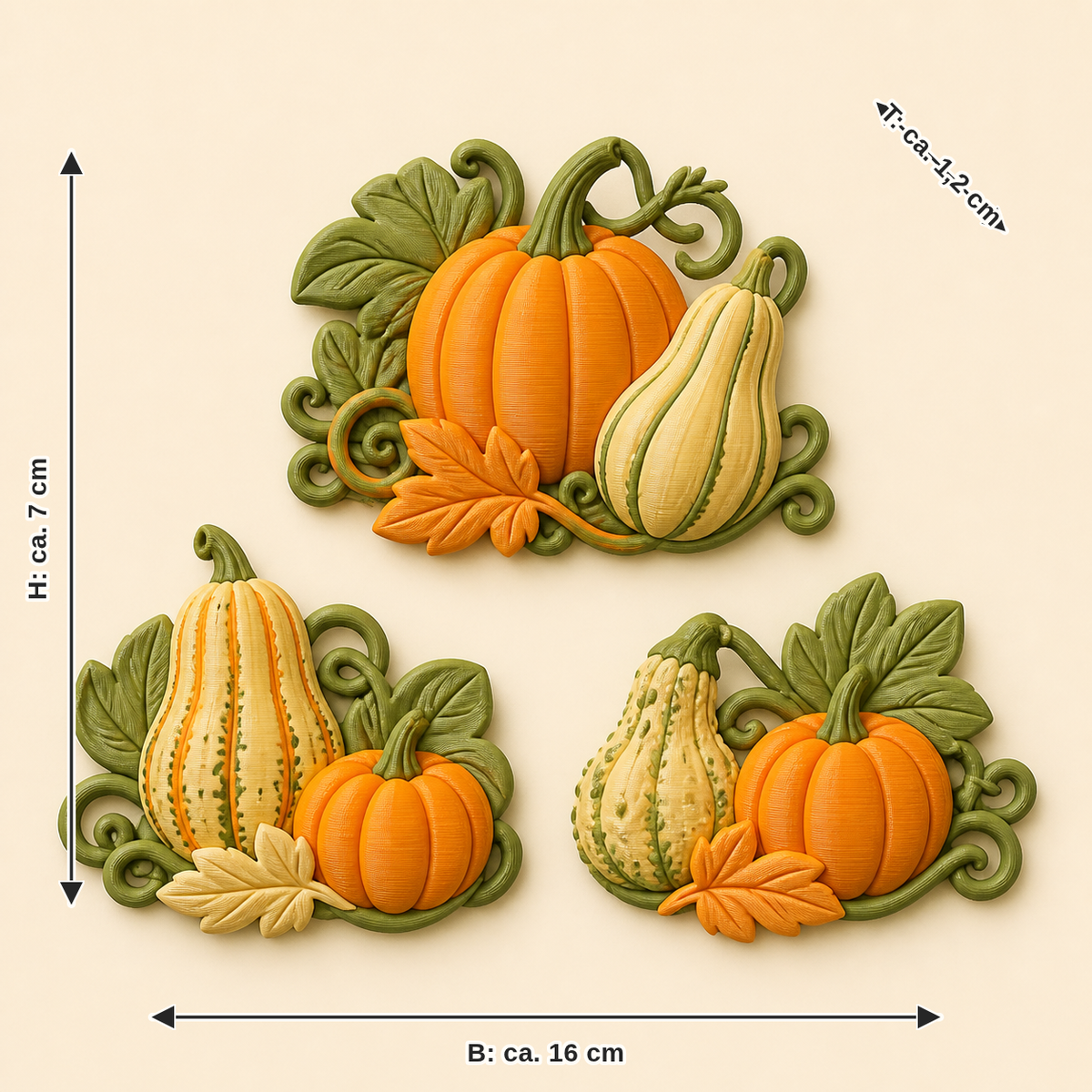 Dimensional image for pumpkin magnet set trio: width approx. 16 cm, depth approx. 1.2 cm, height approx. 7 cm