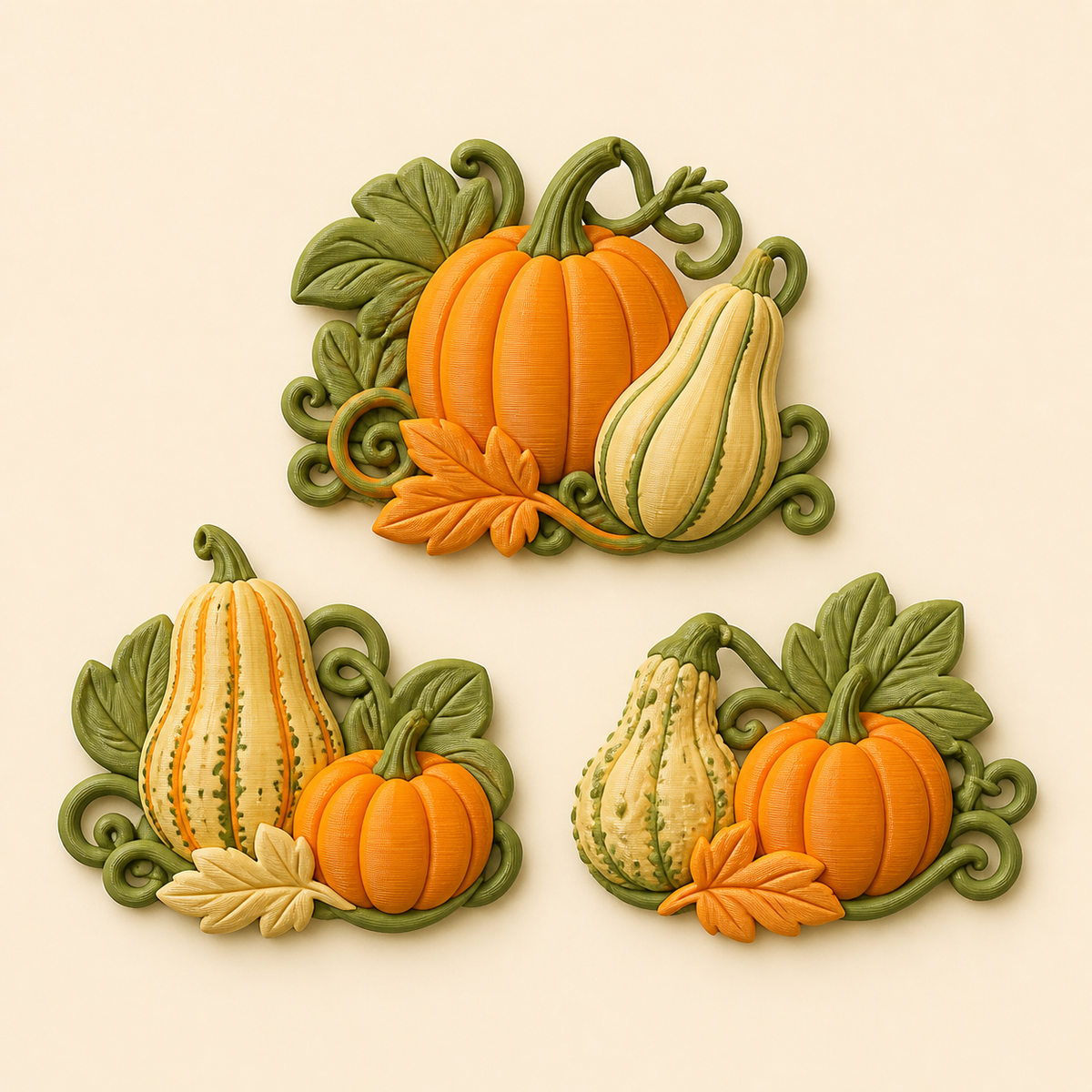 Pumpkin magnet set trio of 3D printed PETG in pumpkin orange, sage green, cream