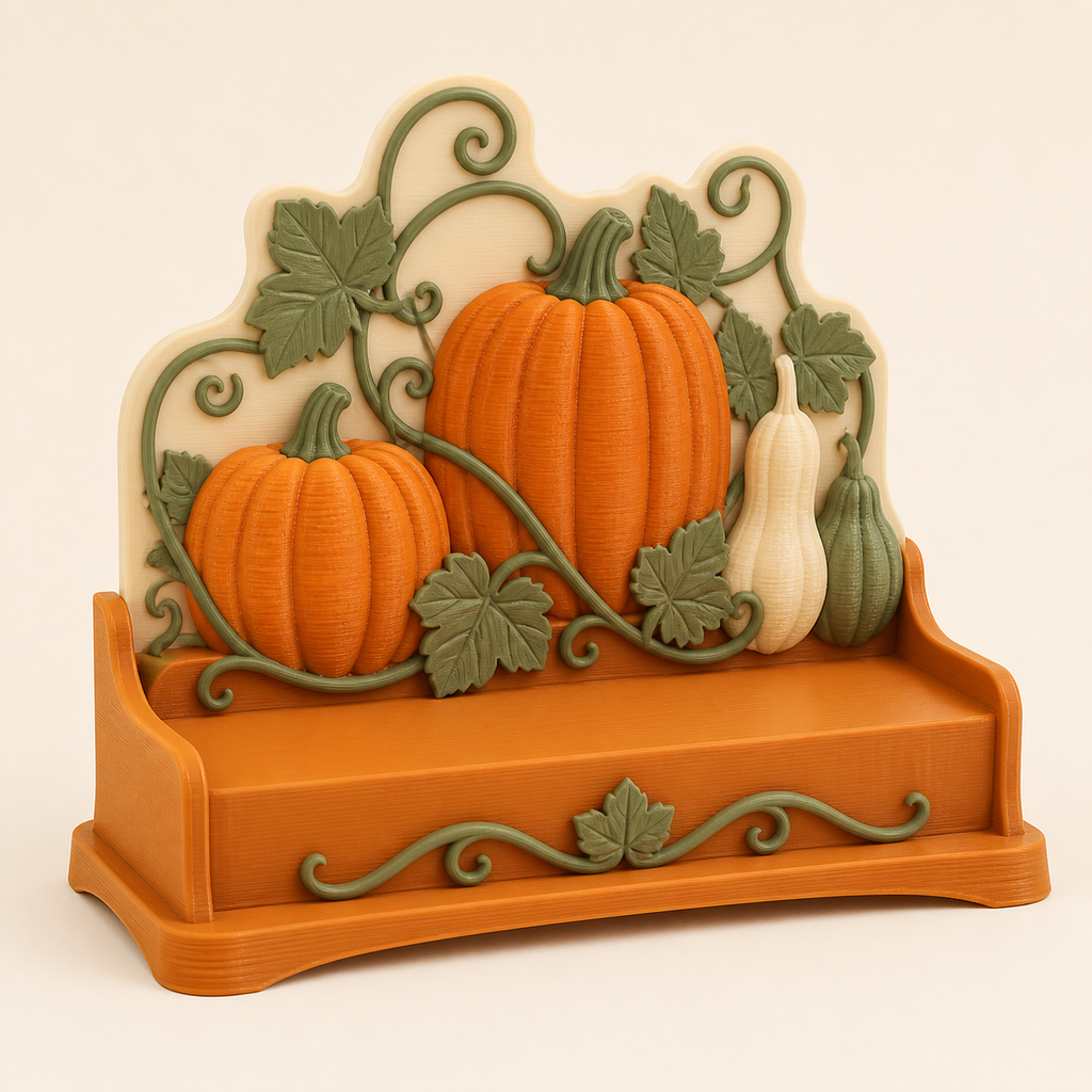 Pumpkin Display stands court present from 3D-printed PETG in pumpkin orange, sage green, cream