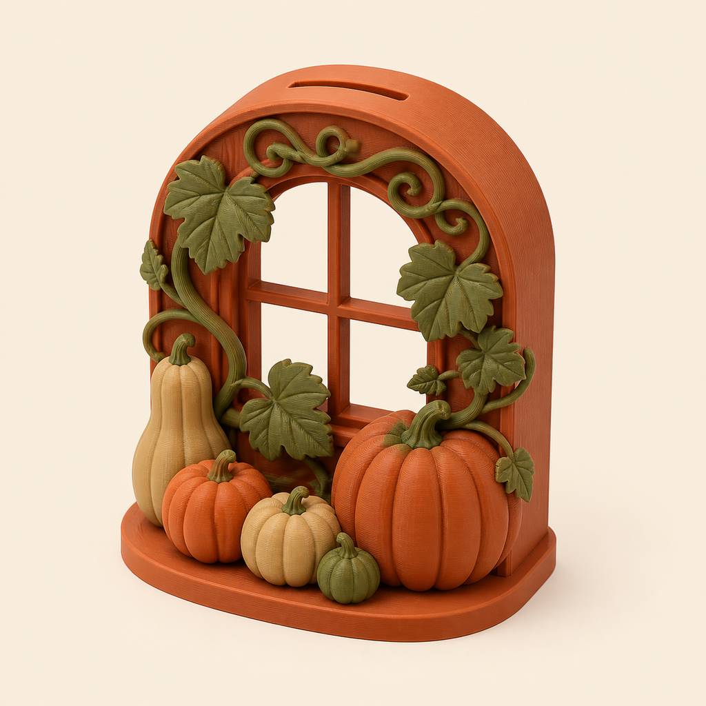 Pumpkin money box in 3D printed PETG in terracotta, olive green, sand beige