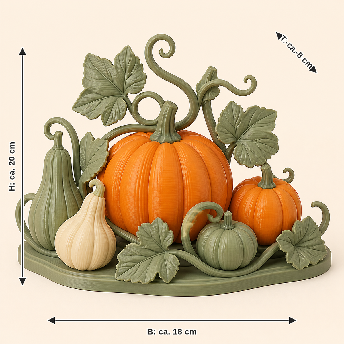 Dimensional image for pumpkin table set pumpkin group: width approx. 18 cm, depth approx. 8 cm, height approx. 20 cm