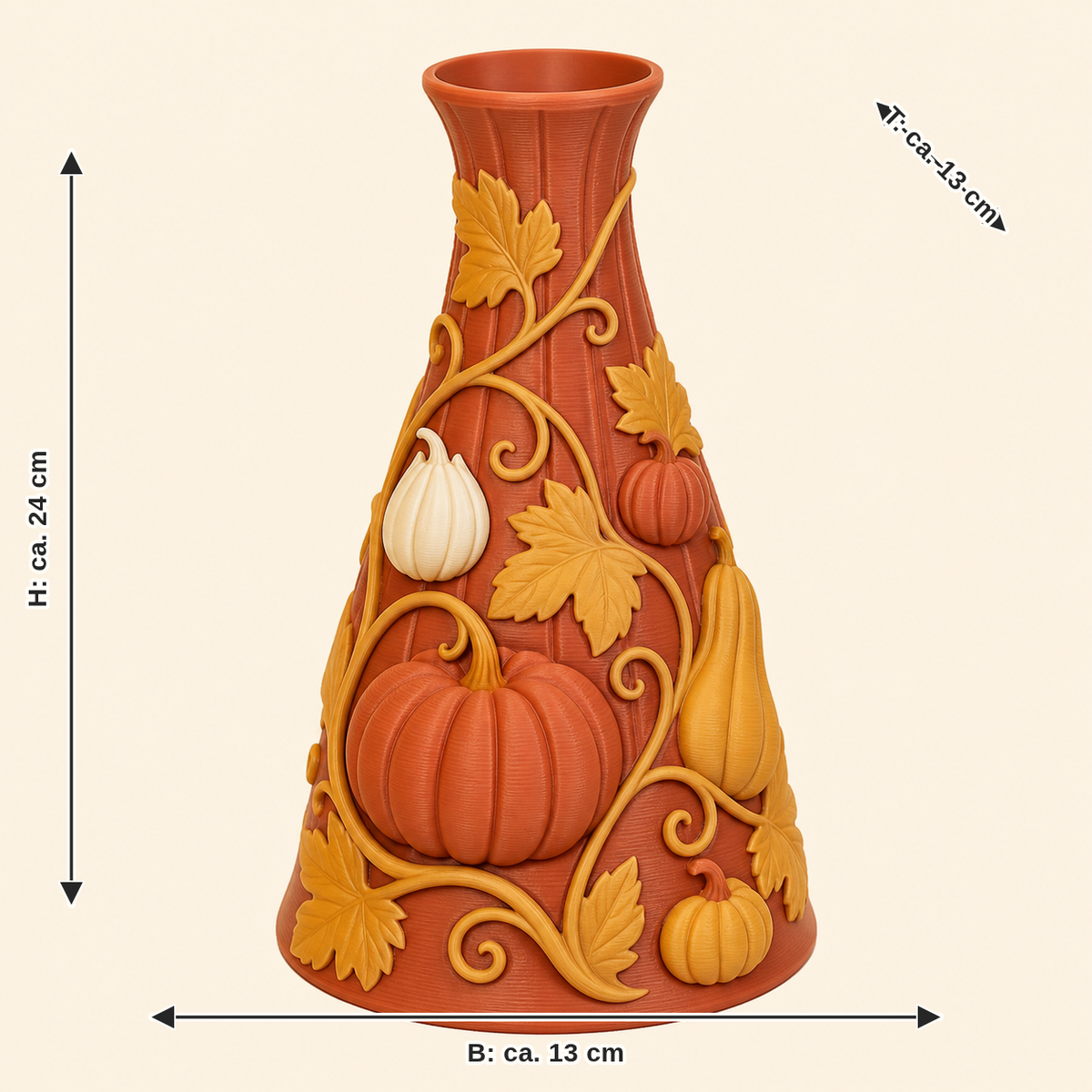 Maßbild für Kürbis-Trockenblumen-Vase Erntevase: Breite ca. 13 cm, Tiefe ca. 13 cm, Höhe ca. 24 cm