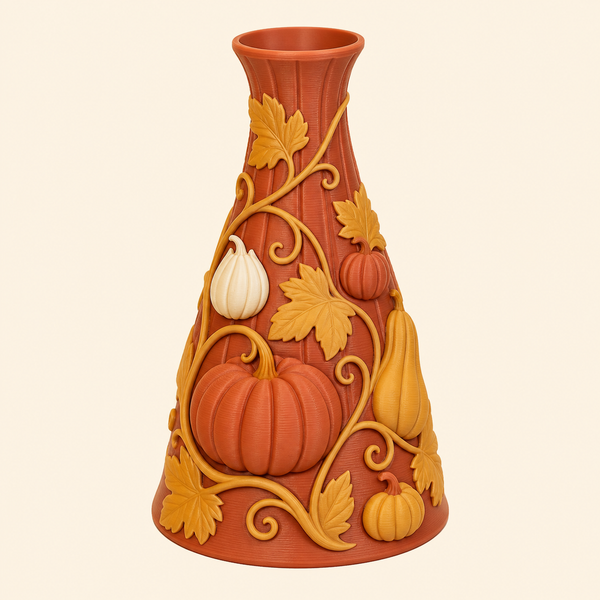 Kürbis-Trockenblumen-Vase Erntevase aus 3D-gedrucktem PETG in Rostrot, Senfgelb, Warmweiß