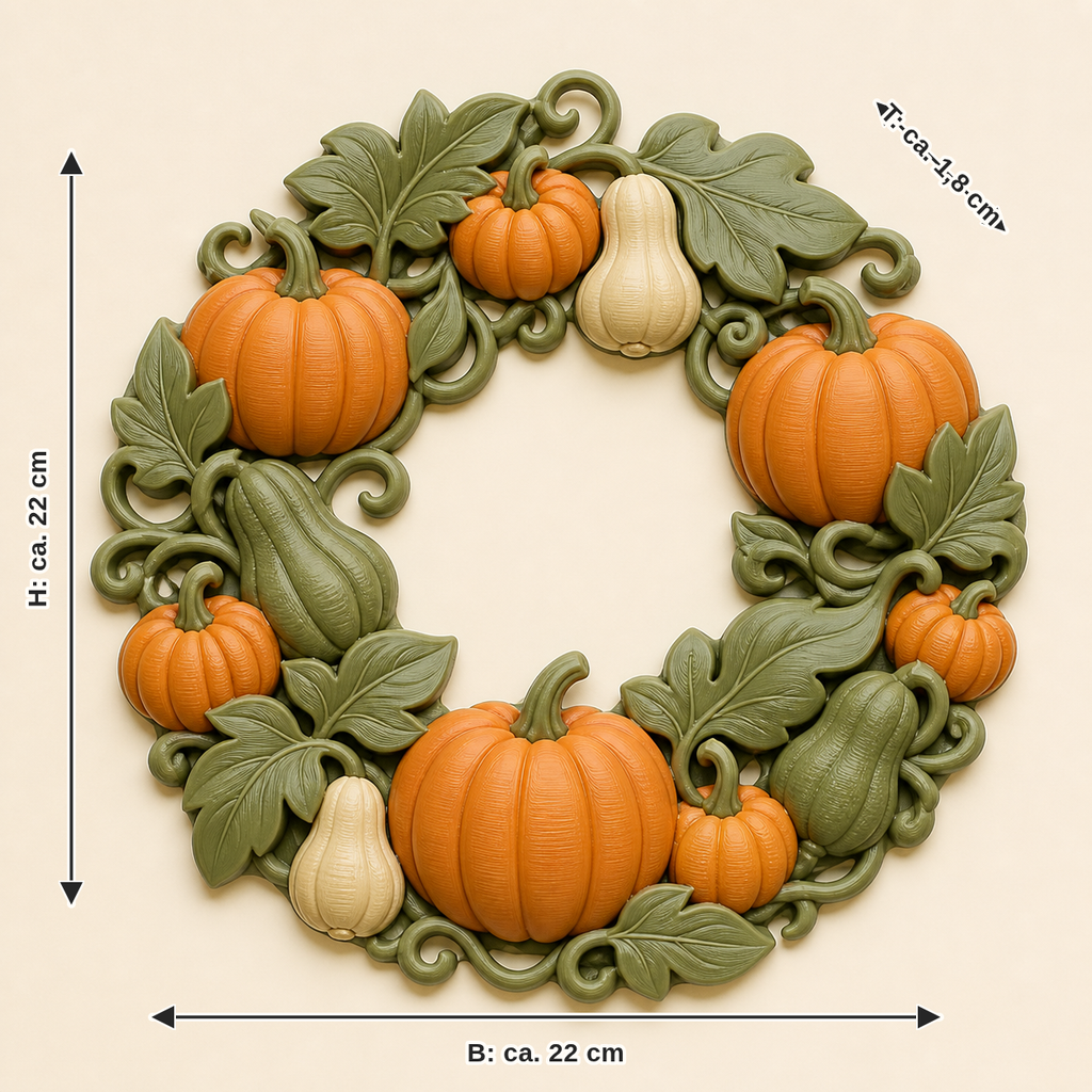 Dimensional image for Pumpkin wall relief Harvest wreath: width about 22 cm, depth about 1.8 cm, height about 22 cm