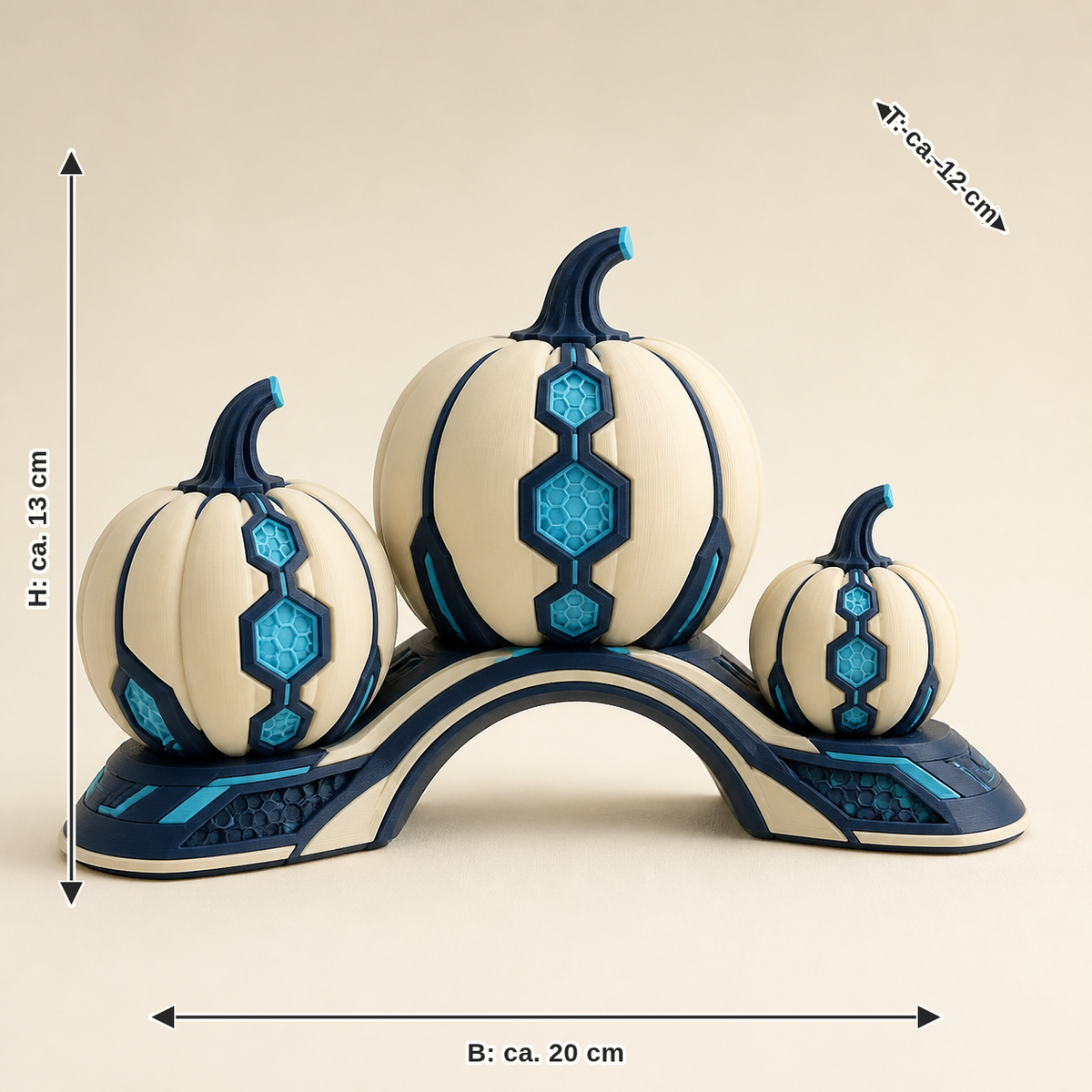 Maßbild für Kürbisgruppe Erntebogen – Futuristisch: Breite ca. 20 cm, Tiefe ca. 12 cm, Höhe ca. 13 cm