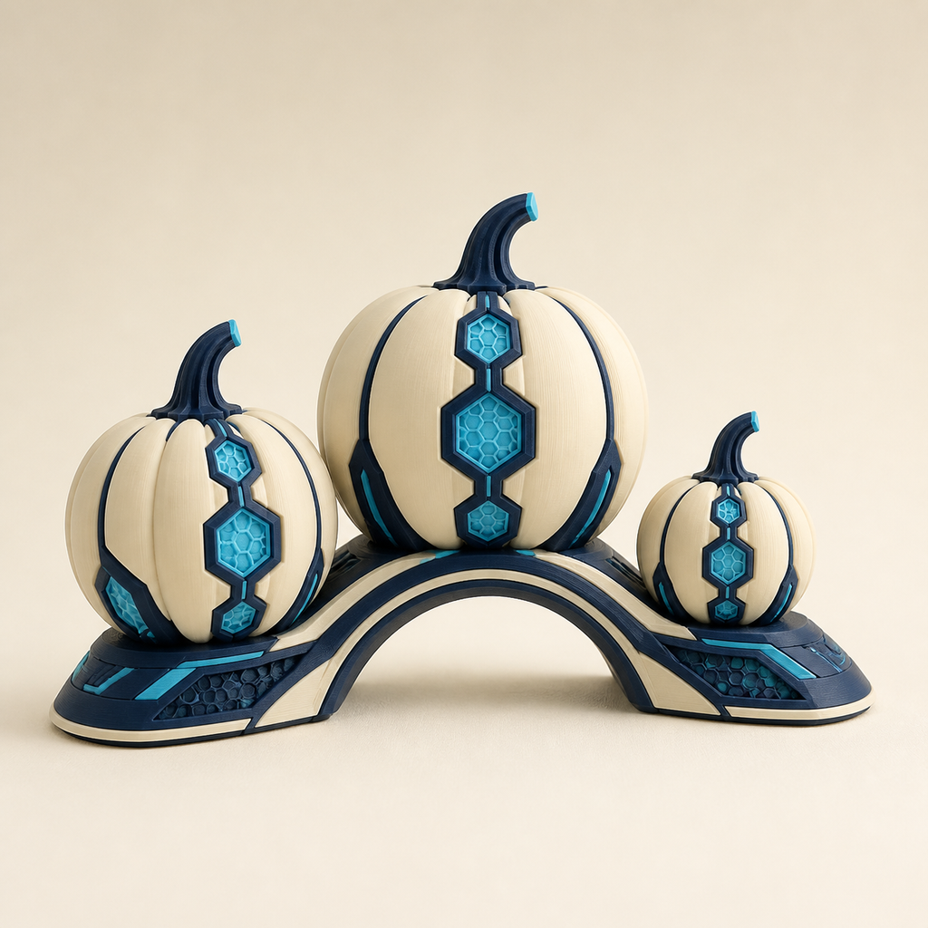 Kürbisgruppe Erntebogen im Stil Futuristisch aus 3D-gedrucktem PETG in Creme, Dunkelblau, Cyan
