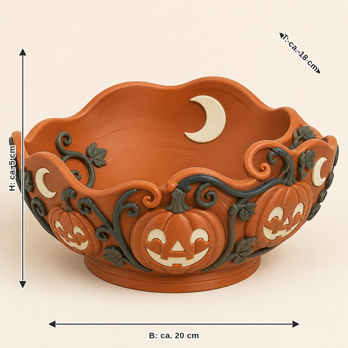 Maßbild für Kürbisnacht-Dekoschale Kürbismulde: Breite ca. 20 cm, Tiefe ca. 18 cm, Höhe ca. 5 cm