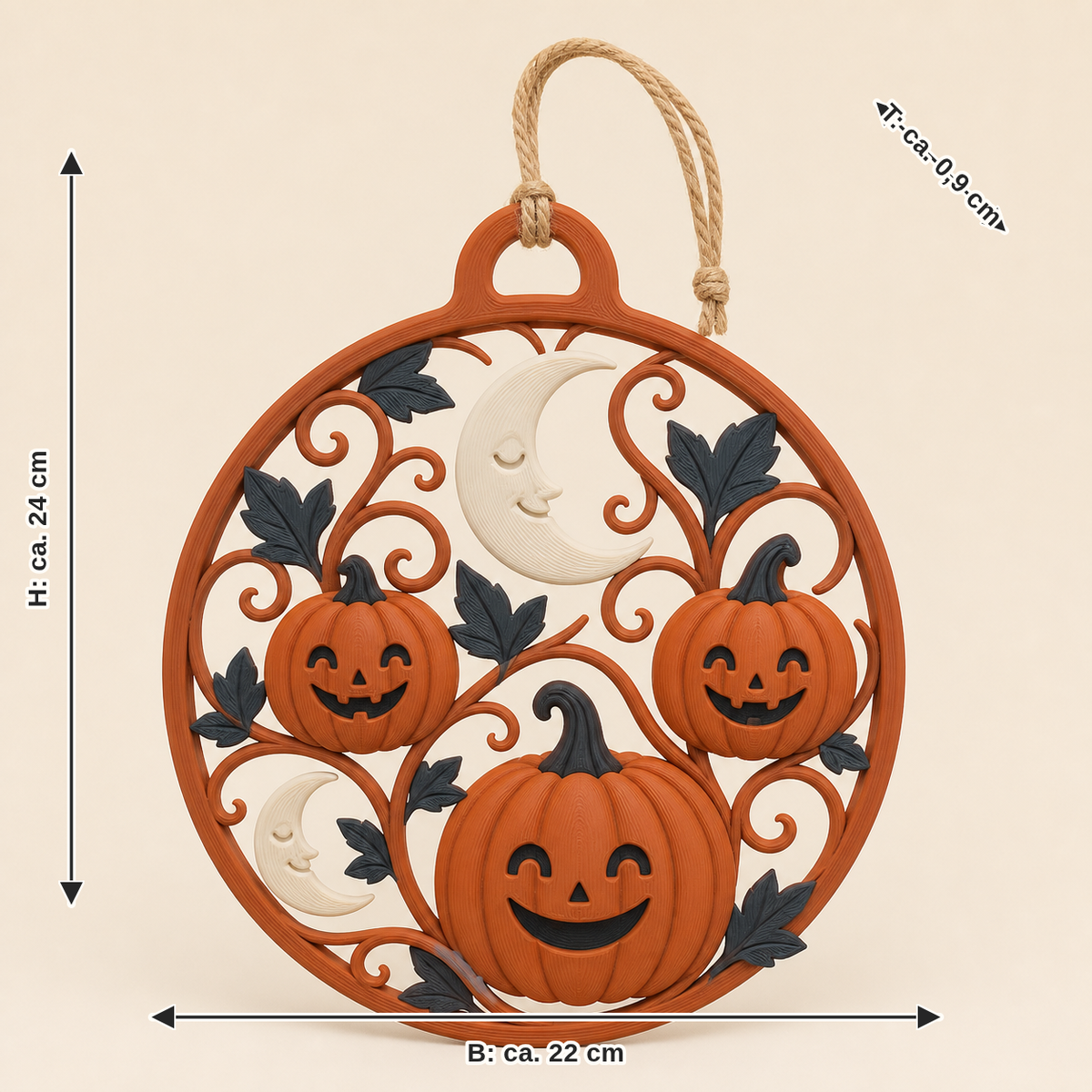 Maßbild für Kürbisnacht-Türhänger Rankenportal: Breite ca. 22 cm, Tiefe ca. 0.9 cm, Höhe ca. 24 cm