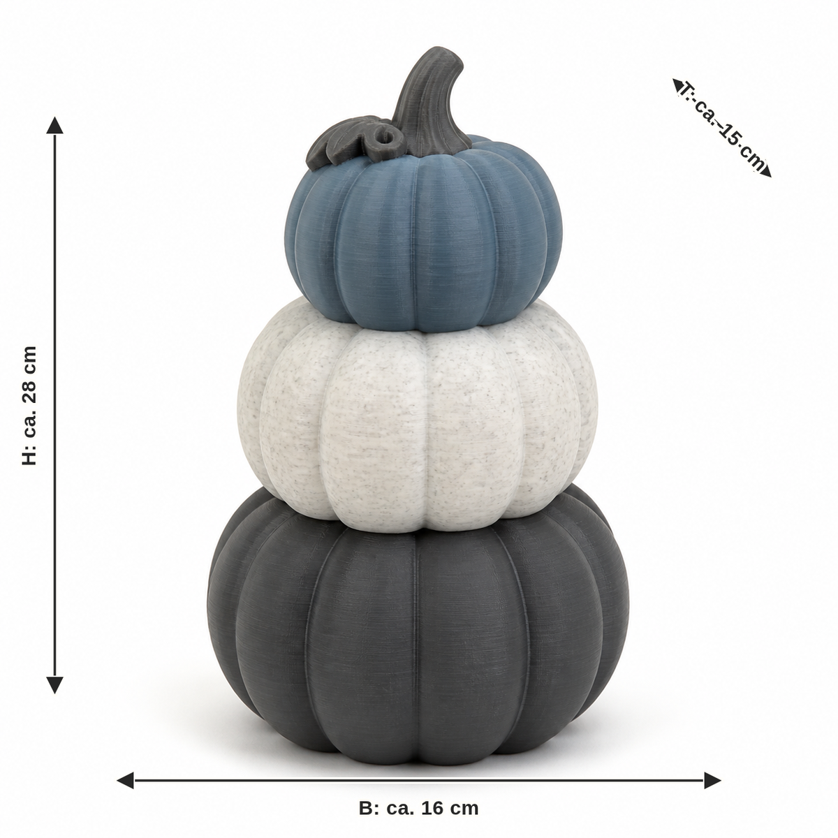 Measurement for pumpkin tower in blue, white and grey: width approx. 16 cm, depth approx. 15 cm, height approx. 28 cm