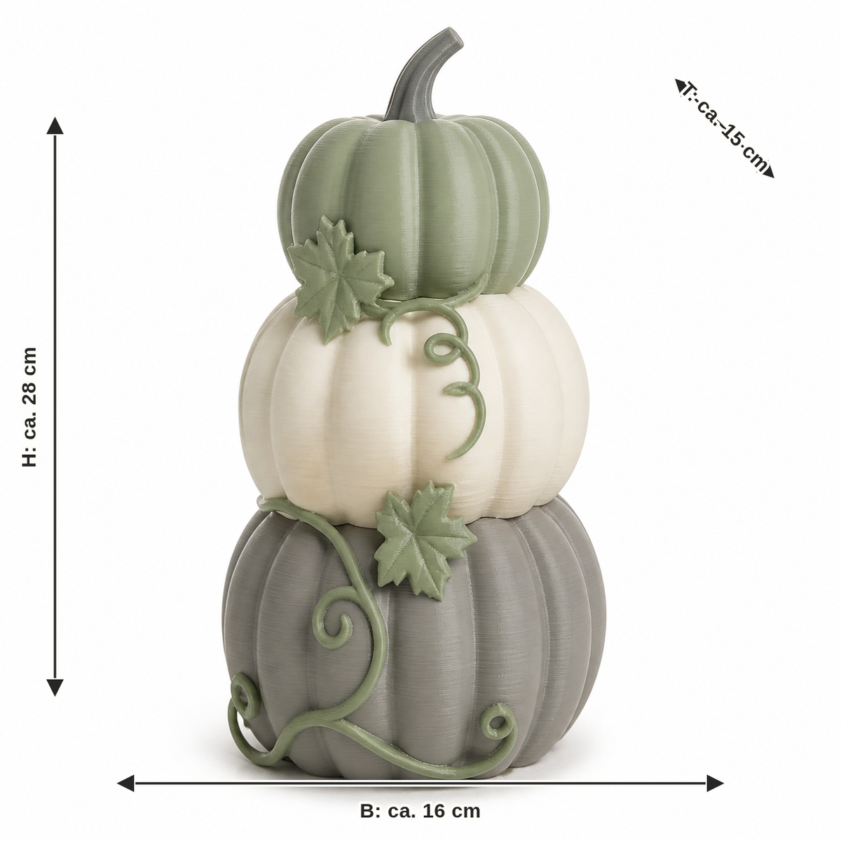 Measurement for pumpkin tower in sage and cream: width approx. 16 cm, depth approx. 15 cm, height approx. 28 cm
