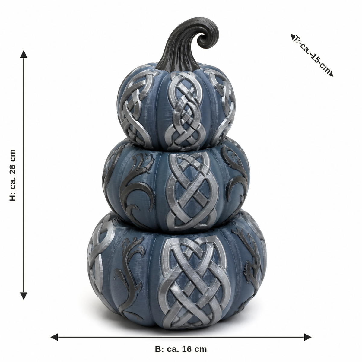 Dimensional image for pumpkin tower with Nordic knot motifs: width approx. 16 cm, depth approx. 15 cm, height approx. 28 cm