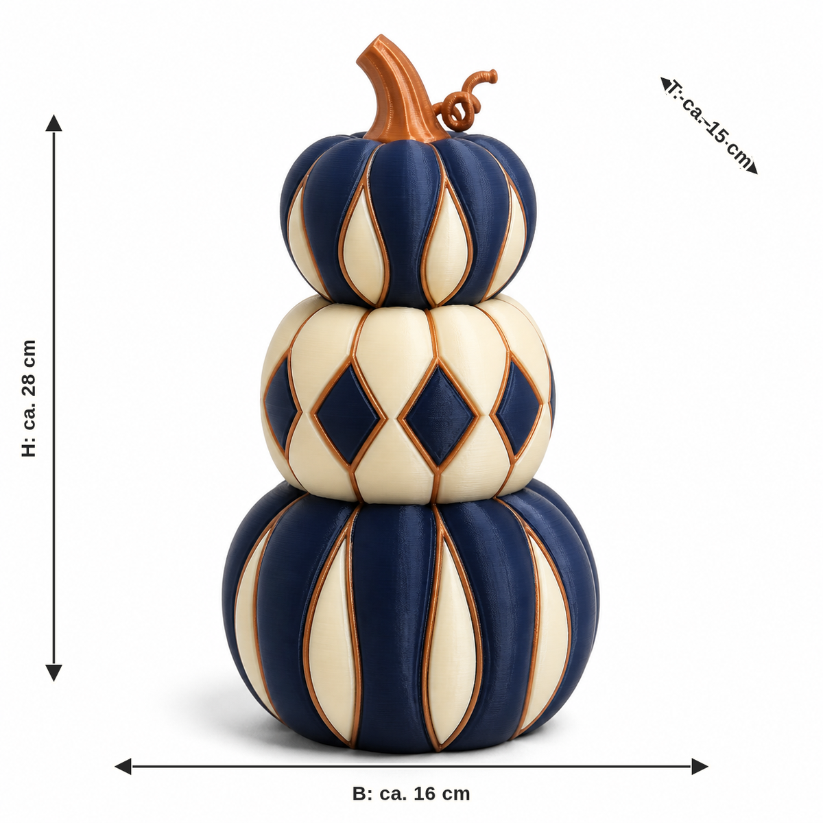 Measurement for pumpkin tower night copper: width approx. 16 cm, depth approx. 15 cm, height approx. 28 cm