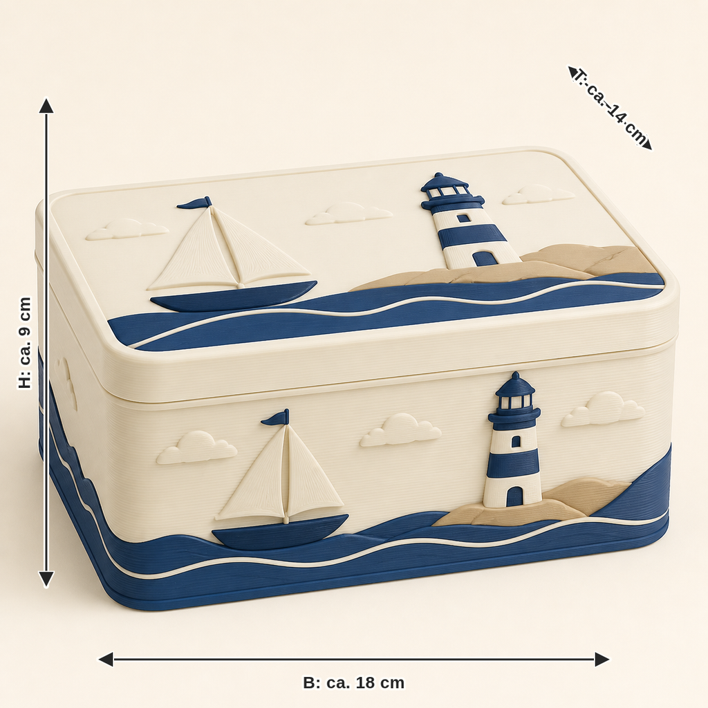 Dimensional image for coastal storage box Port quiet: width approx. 18 cm, depth approx. 14 cm, height approx. 9 cm