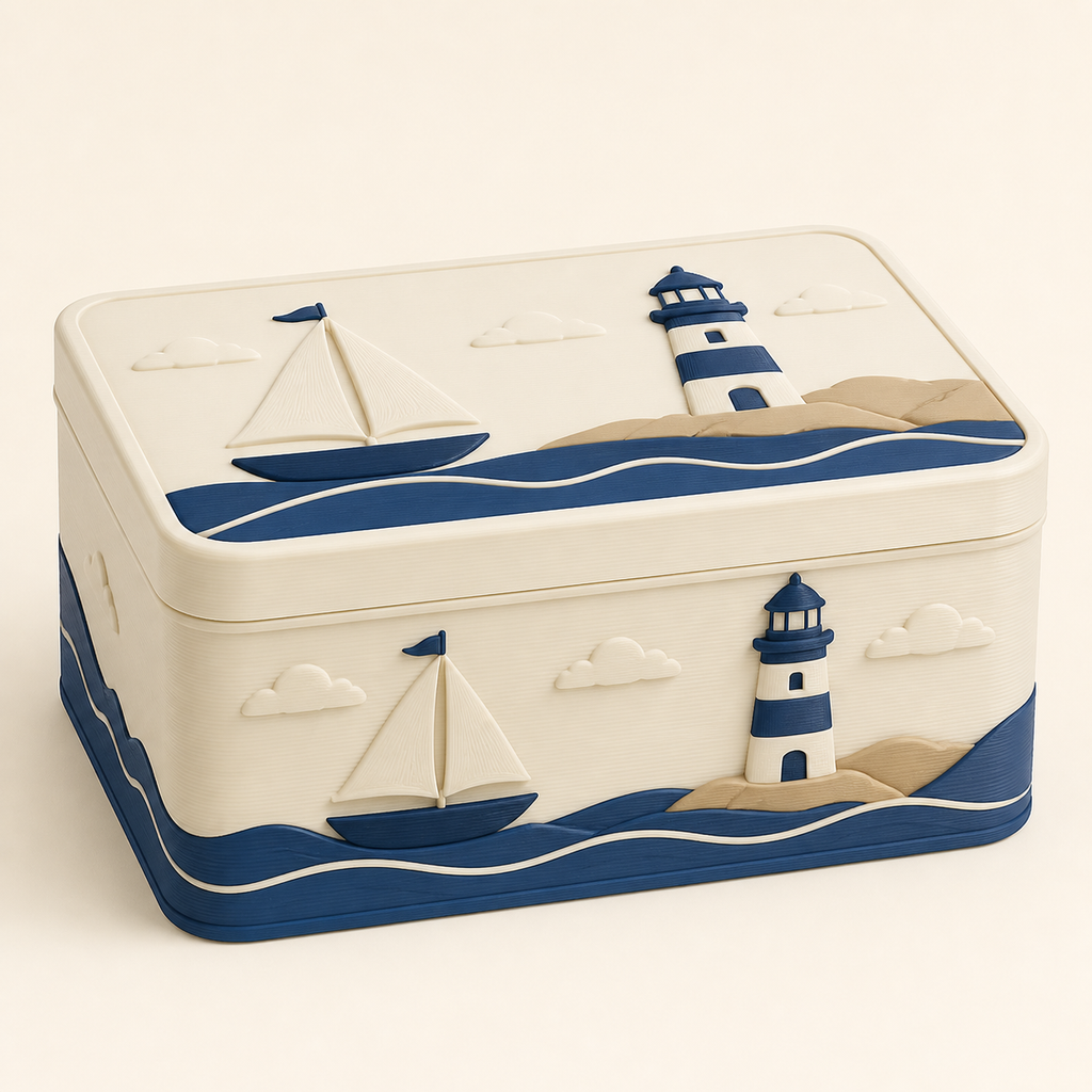Coastal storage box in 3D printed PETG in warm white, navy blue, sand beige
