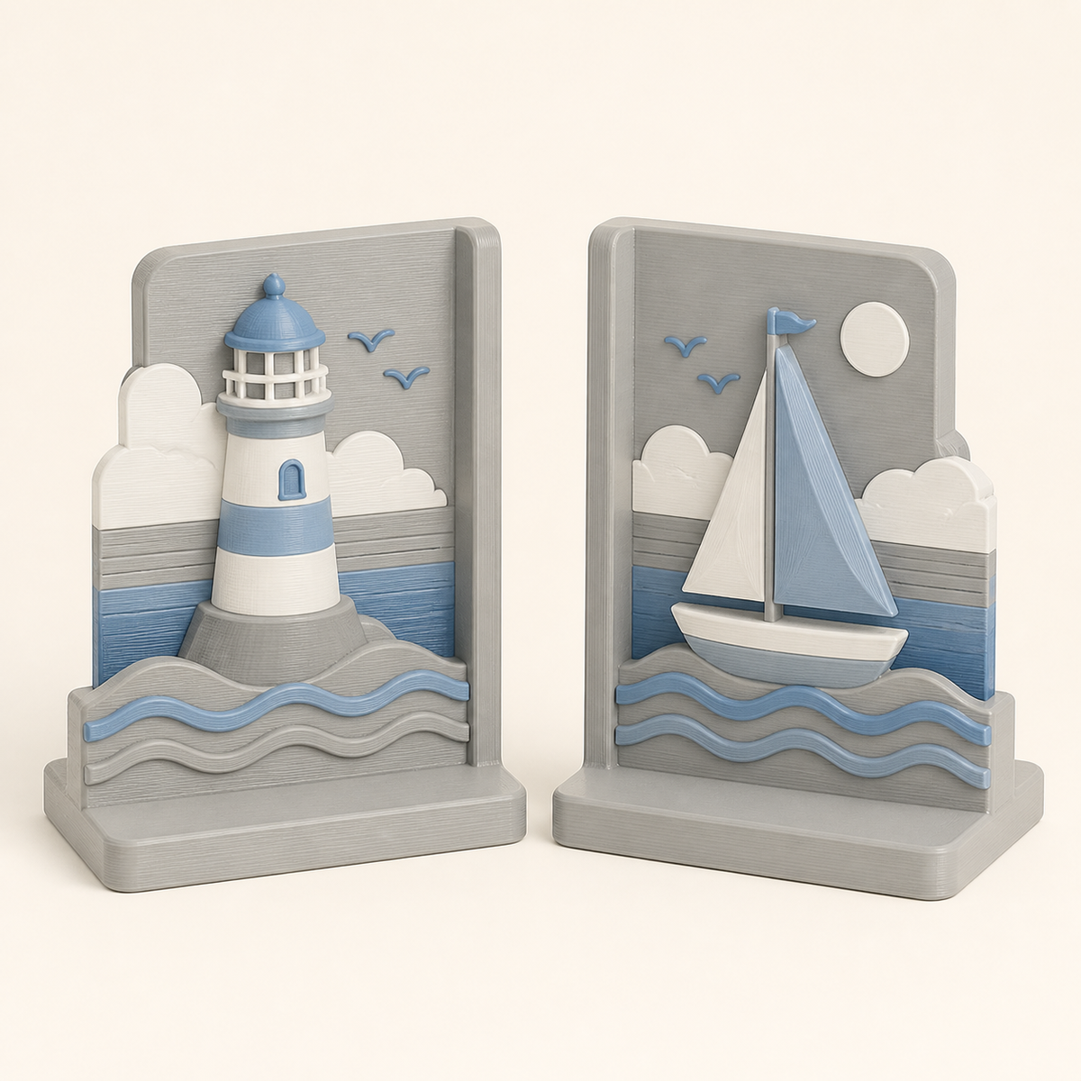 Coastal Bookends Couple 3D Printed PETG Sunset in Fog grey, Sky blue, warm white
