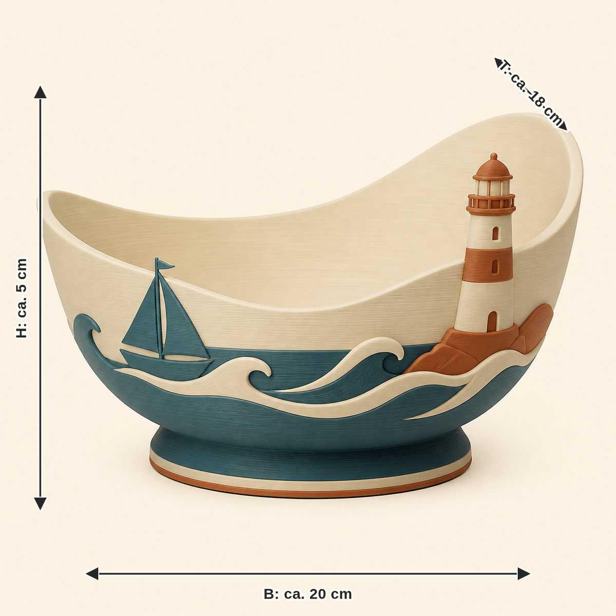 Maßbild für Küsten-Dekoschale Nordsegel: Breite ca. 20 cm, Tiefe ca. 18 cm, Höhe ca. 5 cm