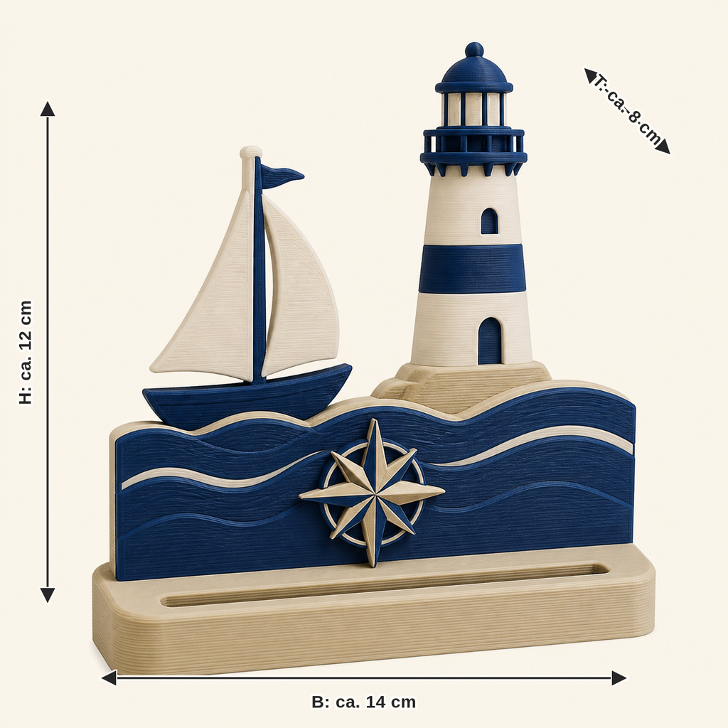 Dimensional image for coastal photo holder Windrose: width approx. 14 cm, depth approx. 8 cm, height approx. 12 cm