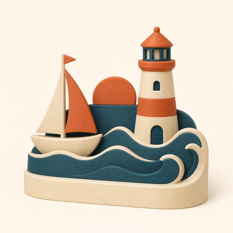 Küsten-Mini-Skulptur Abendhafen aus 3D-gedrucktem PETG in Creme, Petrol, Terrakotta