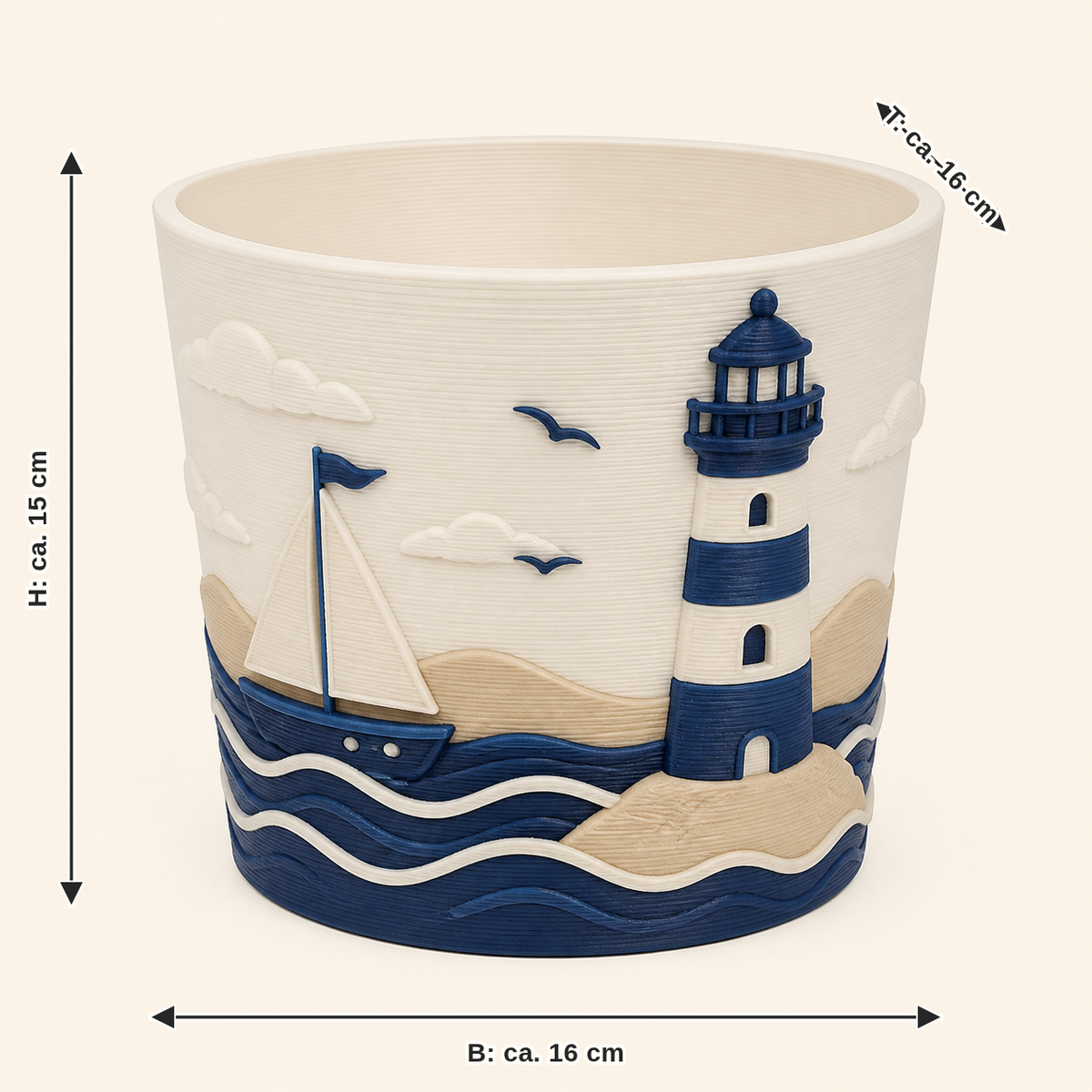 Dimensional image for coastal planter lighthouse: width about 16 cm, depth about 16 cm, height about 15 cm