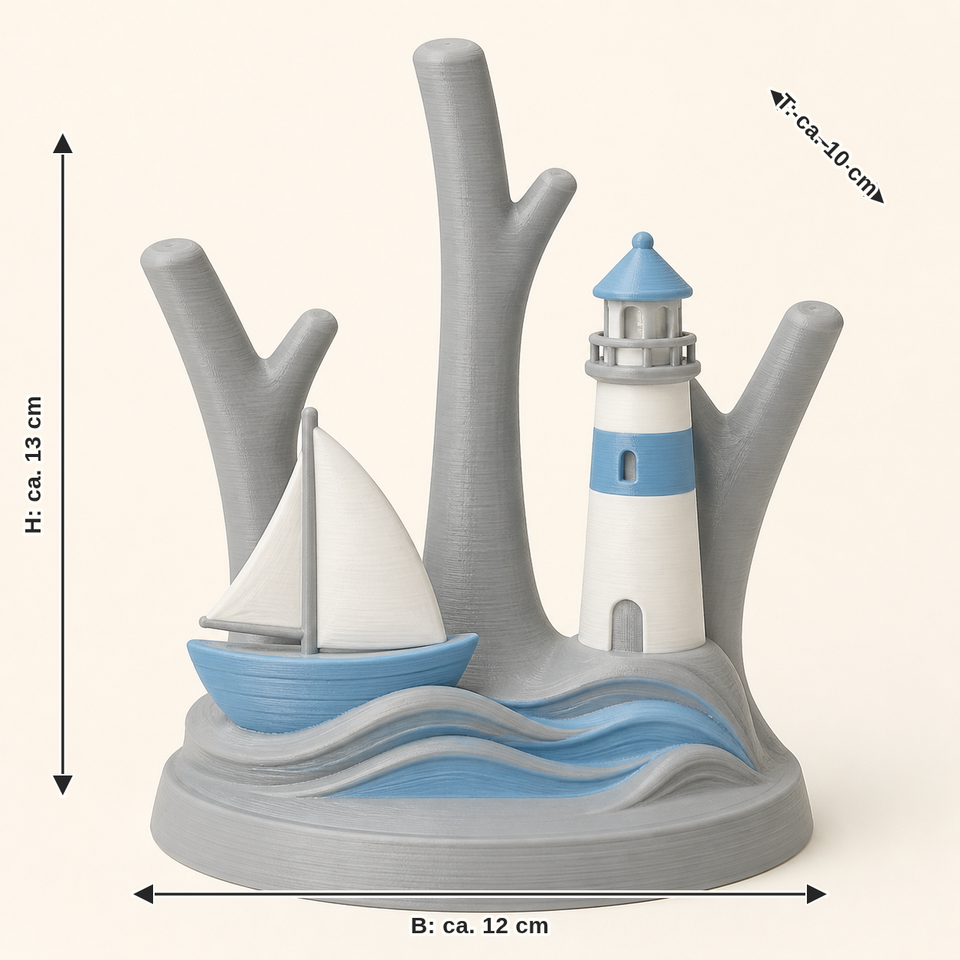 Dimensional image for coastal ring holder Mole: width approx. 12 cm, depth approx. 10 cm, height approx. 13 cm