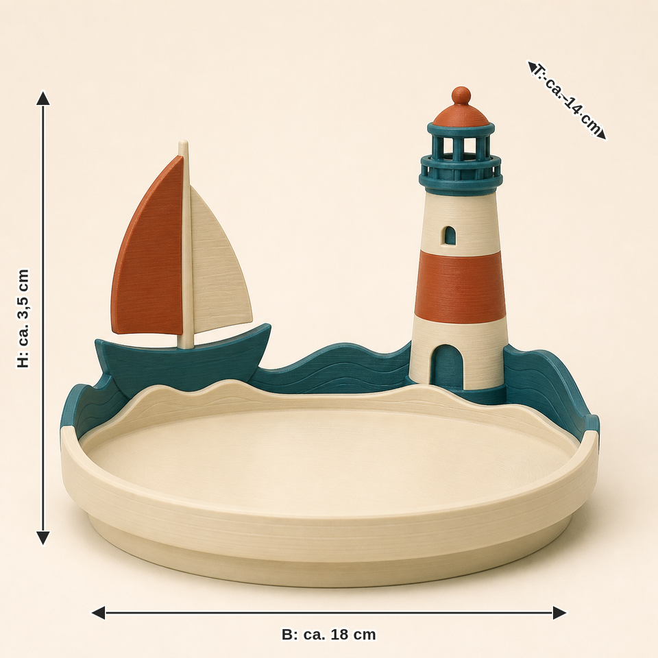 Dimensional image for coastal jewellery dish sailing arc: width approx. 18 cm, depth approx. 14 cm, height approx. 3.5 cm